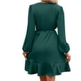 thumbnail image 4 of Kaemgyyd Women's Satin Silky Dress Soft Comfy Wrap V Neck Tie Waist Cocktail Dress Elegant Long Sleeve Solid Mini Short Dress, 4 of 6