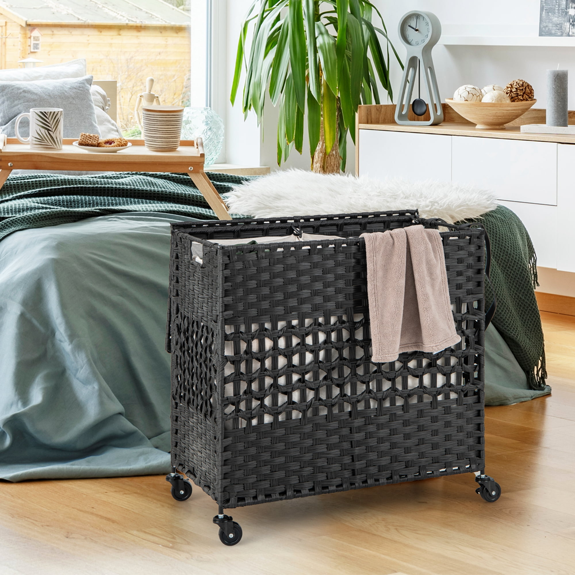 Costway 110L Laundry Hamper with Wheels Clothes Basket Lid & Handle & 2 Liner Bags Black