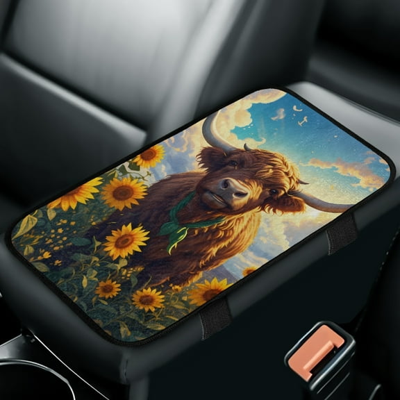 Yuyamidu Highland Cow Center Console Armrest Covers for Cars Trucks SUVs Sunflower Automobile Armrest Cover Pad Flannel Center Console Cover Pad Decorative Accessories