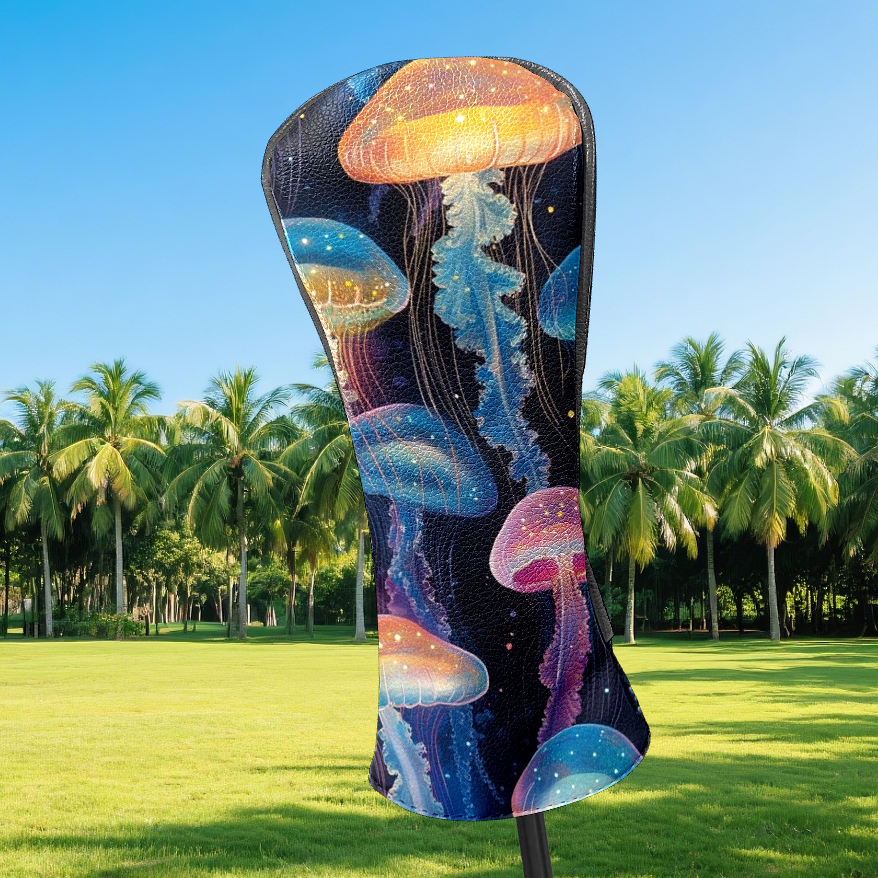 Golf Head Covers Sea Jellyfish Design for Driver, Wood & Hybrid, Premium Waterproof PU Leather with Plush Lining, Unique Oceanic Golf Gifts