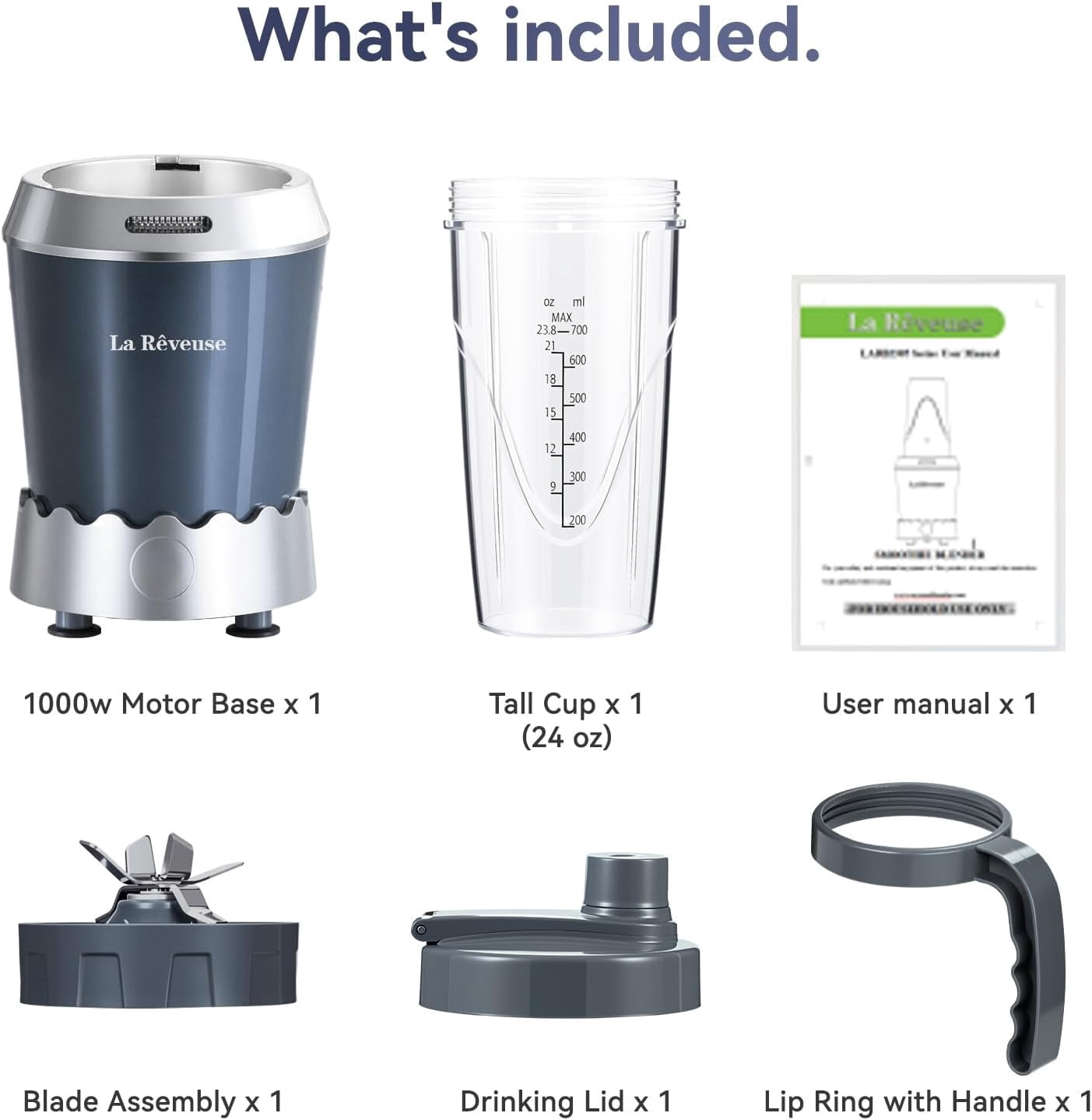 Personal Size Smoothie Blender Pro, 1000W High Speed with 24oz To-Go Cup for Shakes and Frozen Drinks