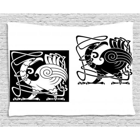 Celtic Love Birds Celtic Tapestry, Bird Silhouettes Fantastic Animals with Tracery Inspired Ornamental Pattern, Wall Hanging for Bedroom Living Room Dorm Decor, 60W X 40L Inches, Black and White, by Ambesonne ()