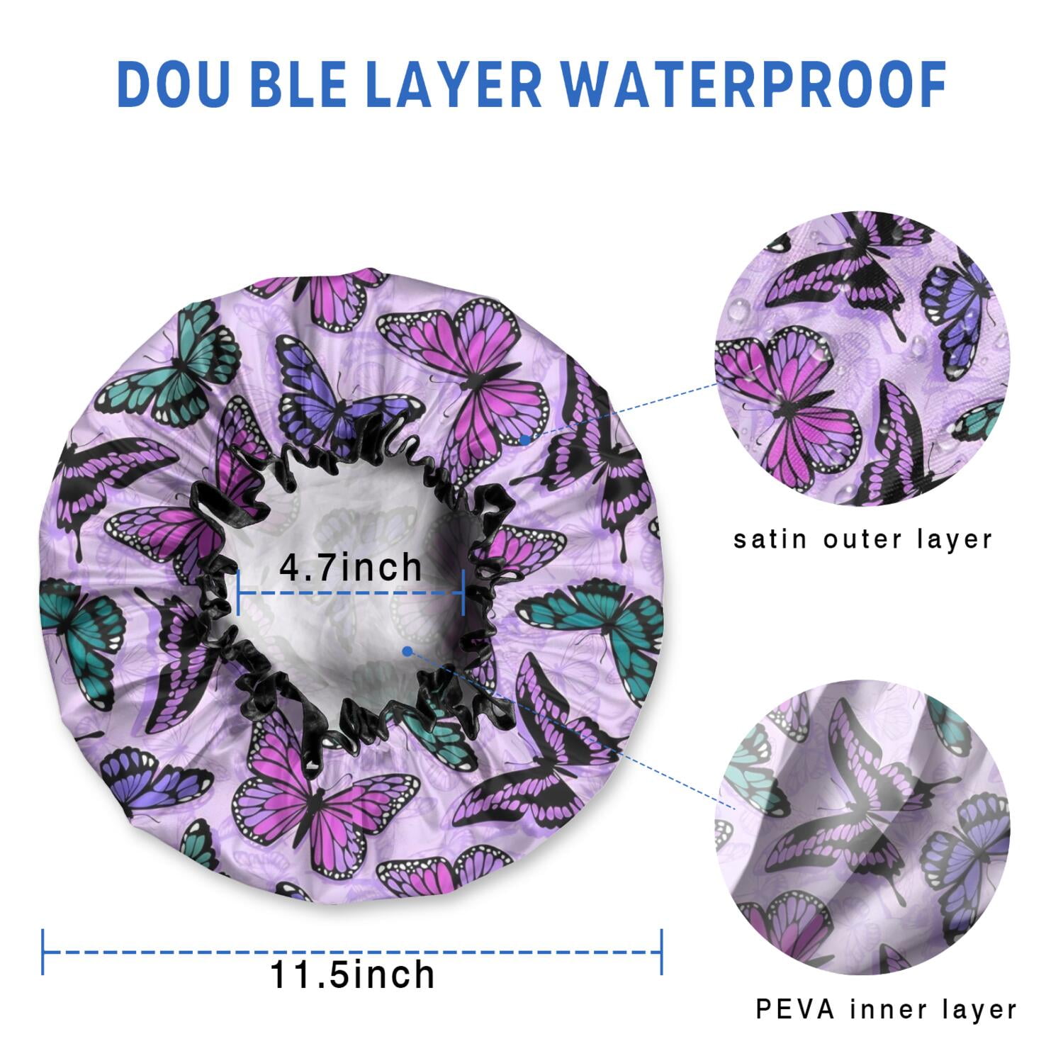 Shower Caps,Purple Butterfly Pattern Waterproof Shower Cap for Women 4 Pieces,Double Reusable Hair Cover for Shower PEVA Elastic Stretch Hem
