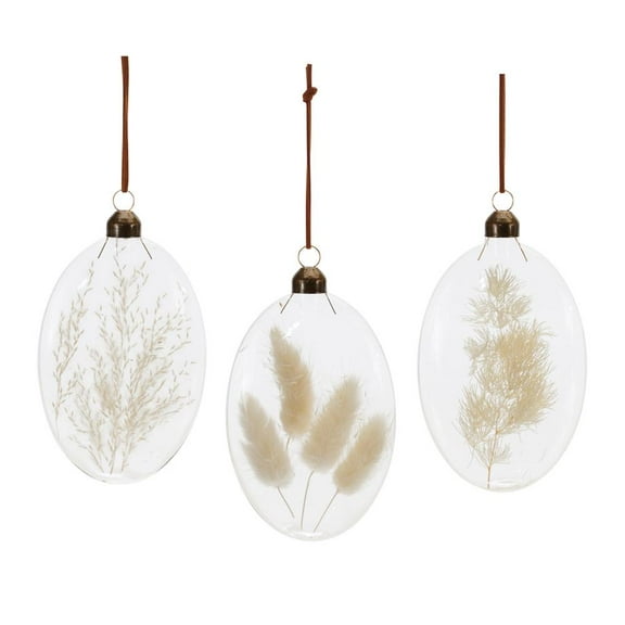 Melrose Natural Dried Floral Glass Christmas Ornaments - 5.5" - White and Beige -12ct