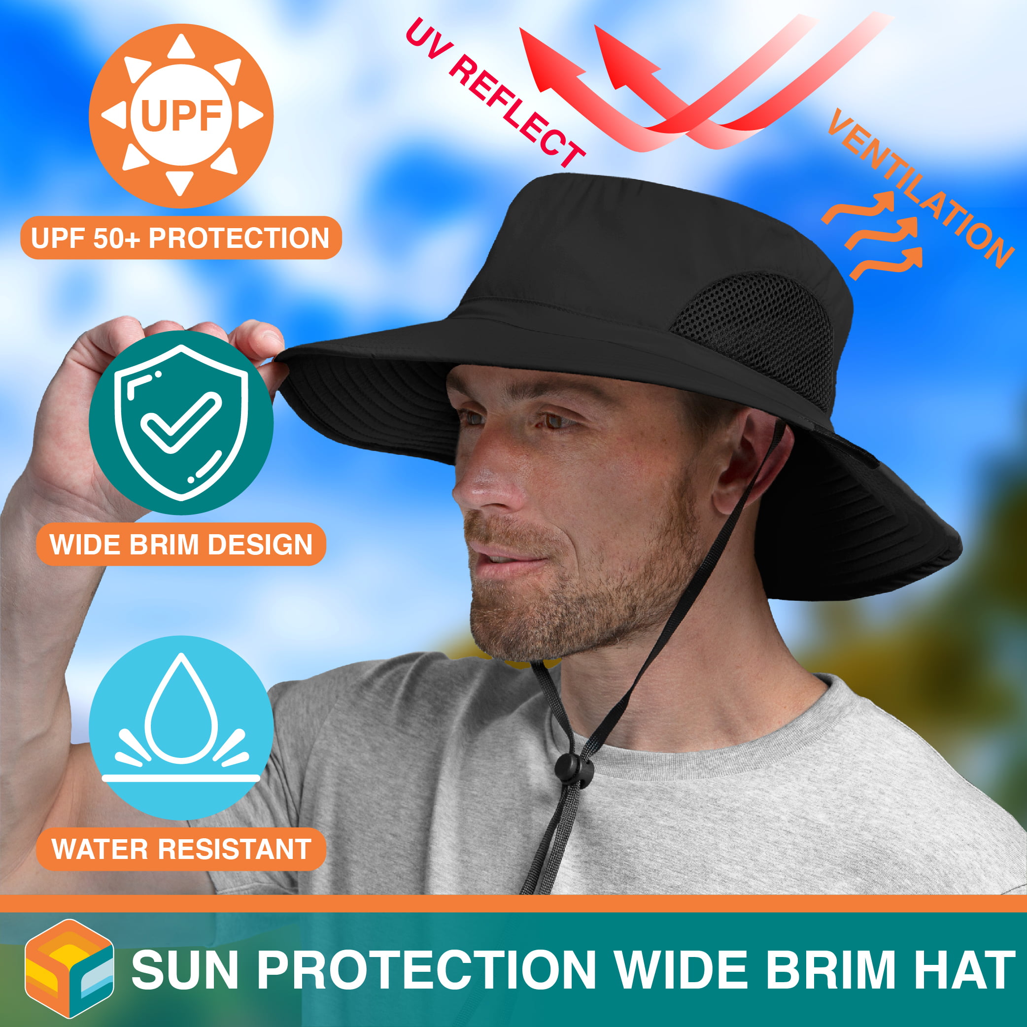 SUN CUBE Wide Brim Sun Hat Men Women, Mens Fishing Hats Sun UV Protection,  Womens Hiking Bucket Hat, Outdoor Summer Safari Beach Boonie, Camping  Unisex UPF 50+, Black 