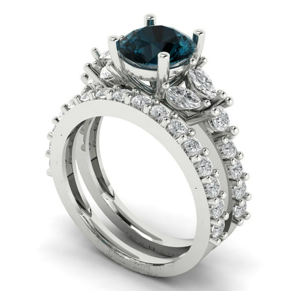 Clara Pucci 18K White Gold 2.94 Natural London Blue Topaz Engraveable Engagement Ring   Wedding Band Set