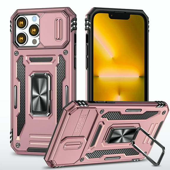 Military Grade Ring Holder Case with Camera Lens Cover for iPhone 14 Pro Max - Rose Gold