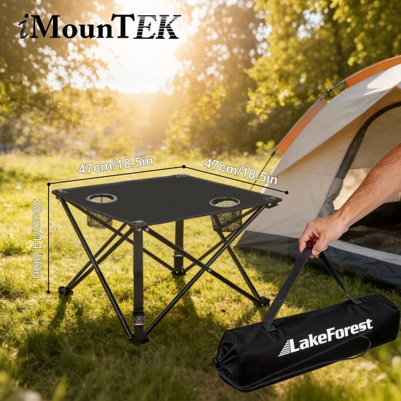 1Pc Portable Mini Picnic Table, Imountek Outdoor Folding Camping Table with 2 Cup Holders Carrying Bag for Picnic Travel Fishing, Black