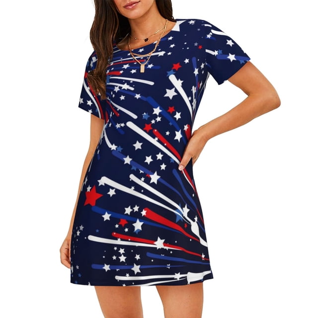 Disketp Red White Blue Fireworks 1 para Camisón Corto de Manga Corta para Mujeres, Camisón Cómodo con Escote Redondo, Bonito y Confortable