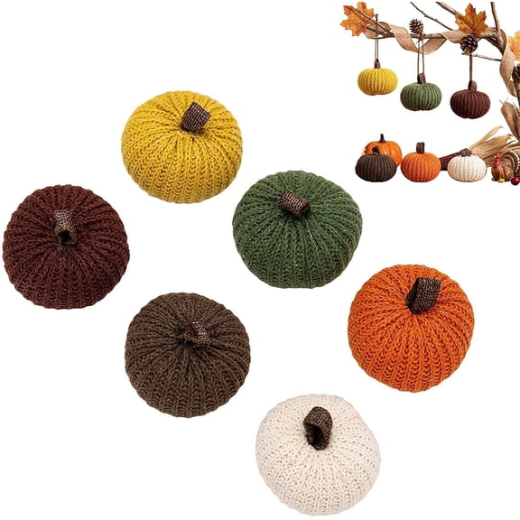 Faux Fall Harvest Crochet Pumpkins Set Of 6 Rustic Farmhouse Table Decor With Warm Orange Tones, Knitted Polyester Pumpkin Ornaments For Thanksgiving Halloween Autumn Mantel (6pcs)