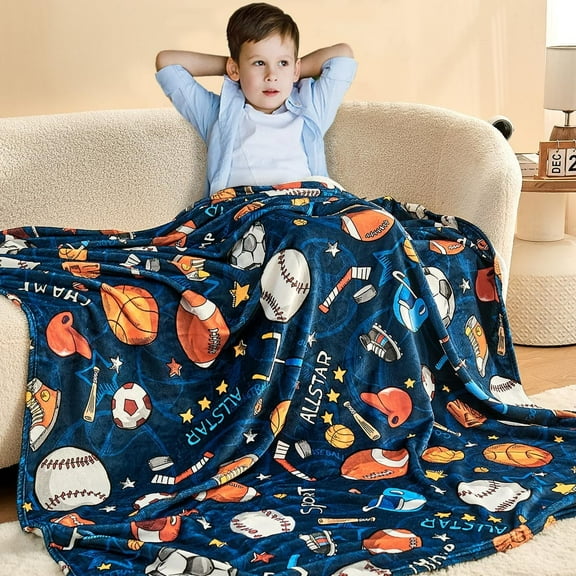 Sports Blanket for Boys Soft Fleece 3D Soccer Basketball Baseball Football Kids Blanket for Couch Sofa Bedroom Fuzzy Blanket and Throws Ball Blanket for Kids Boys Teens 50"x60"