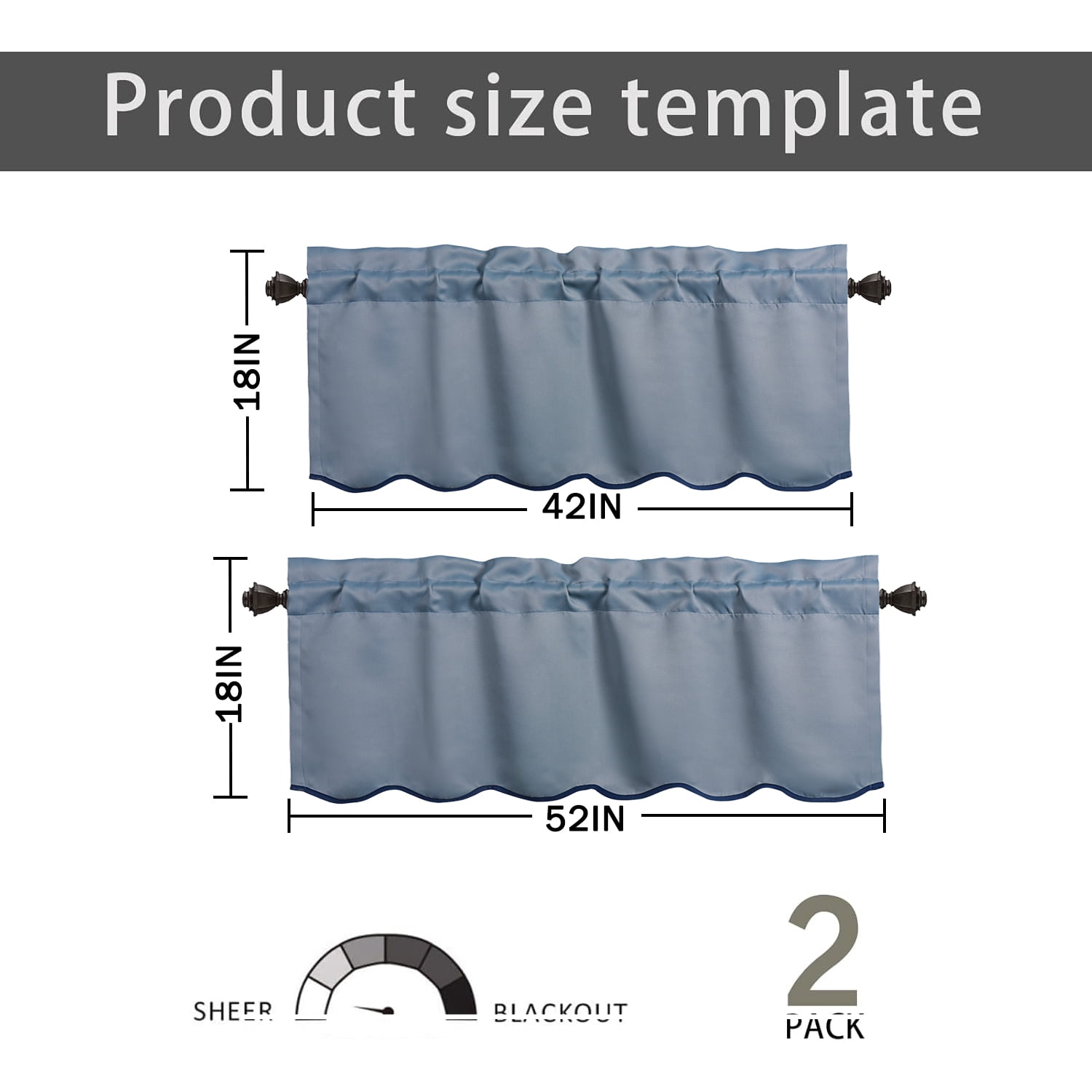 HIG 2 Panels Blackout Window Treatment Valances, 52"W x 18"L Color-Block Scalloped Valances, Decorative Rod Pocket Short Curtain Panel for Kitchen, Window, Bathroom, Blue