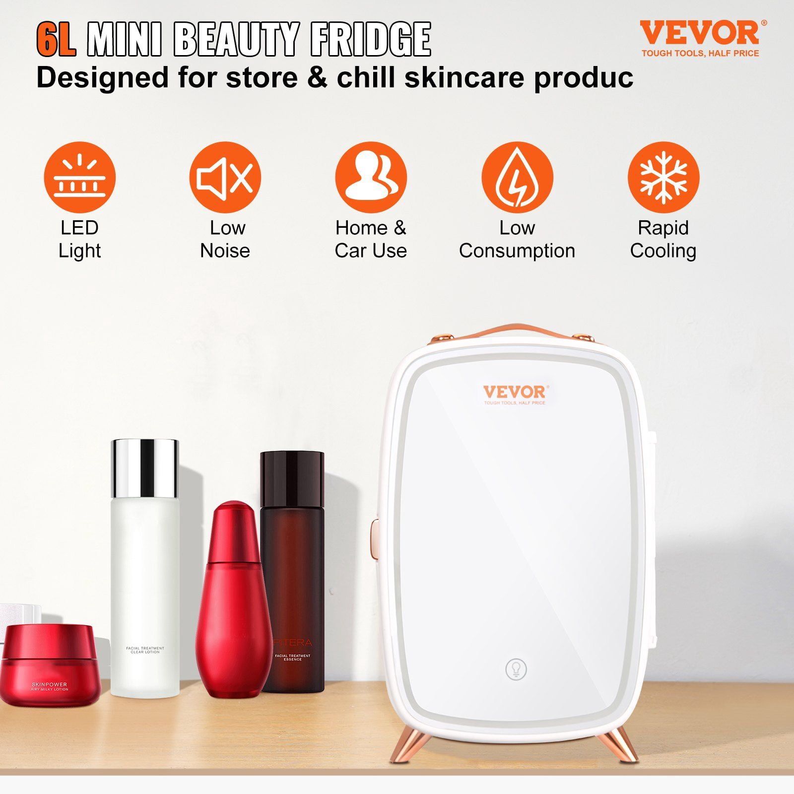 HCY Mini Fridge for Bedroom, 6L Luxury Skin Care Fridges with Mirror and LED Light, AC/DC Cosmetic Fridge for Office Dorm Car, Small Makeup Refrigerator for Beauty Face Mask Beverage Chill, White