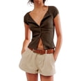 thumbnail image 2 of Women'S Short Sleeve Summer Tops Ribbed Knit Button Down Tight Tees Shirts Going Out Y2K Clothes Coffee Color S, 2 of 7