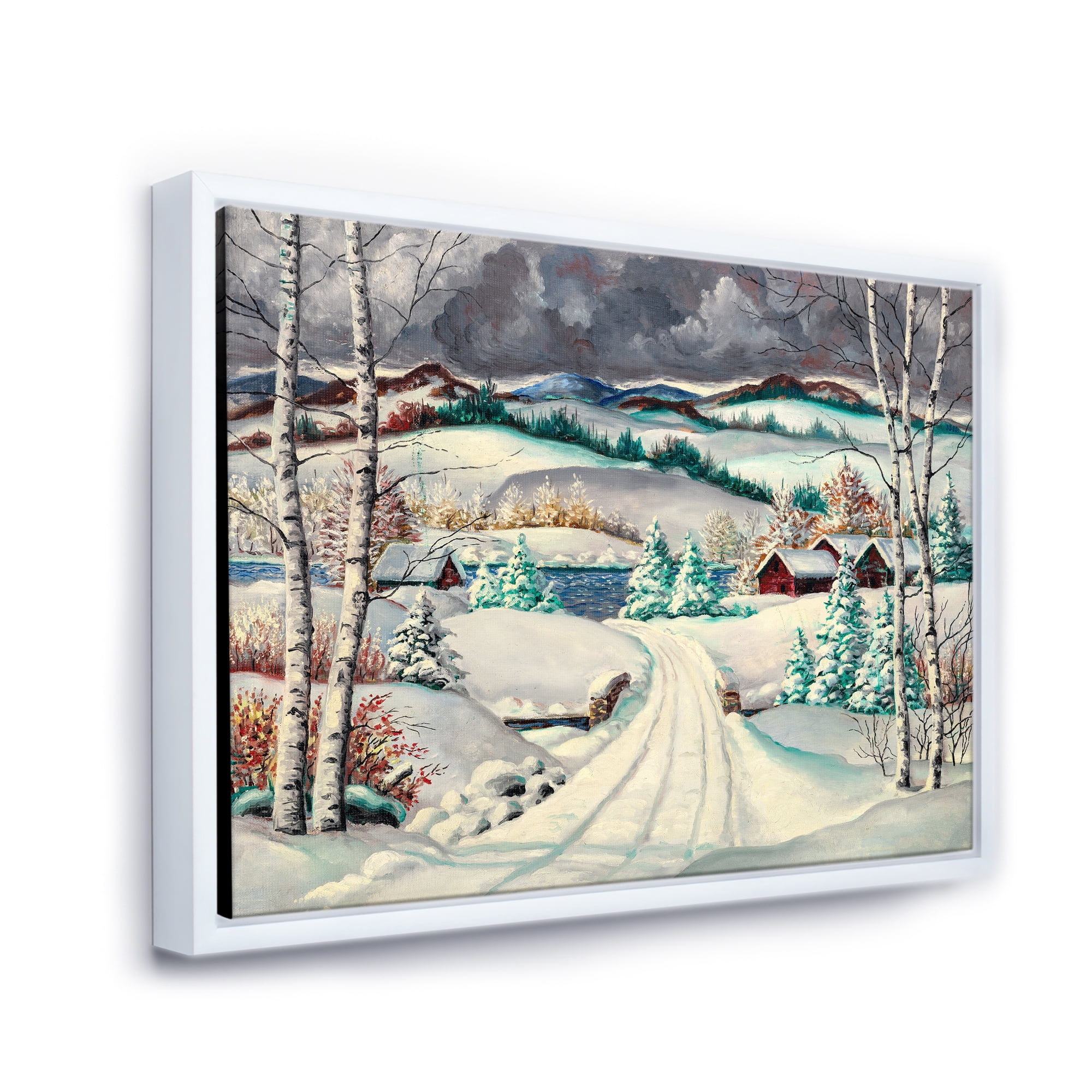 Designart 'Snowy Road In Countryside Winter Landscape' Traditional Framed Canvas Wall Art Print