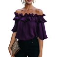 thumbnail image 2 of Women'S Off Shoulder Ruffle Short Sleeve Chiffon Blouse S, 2 of 7