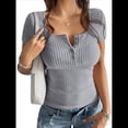 thumbnail image 3 of Camisetas de Verano de Corta con Cuello en U para Mujer, Blusa Informal de Punto Henley con Botones Acanalados. Gris S, 3 of 10