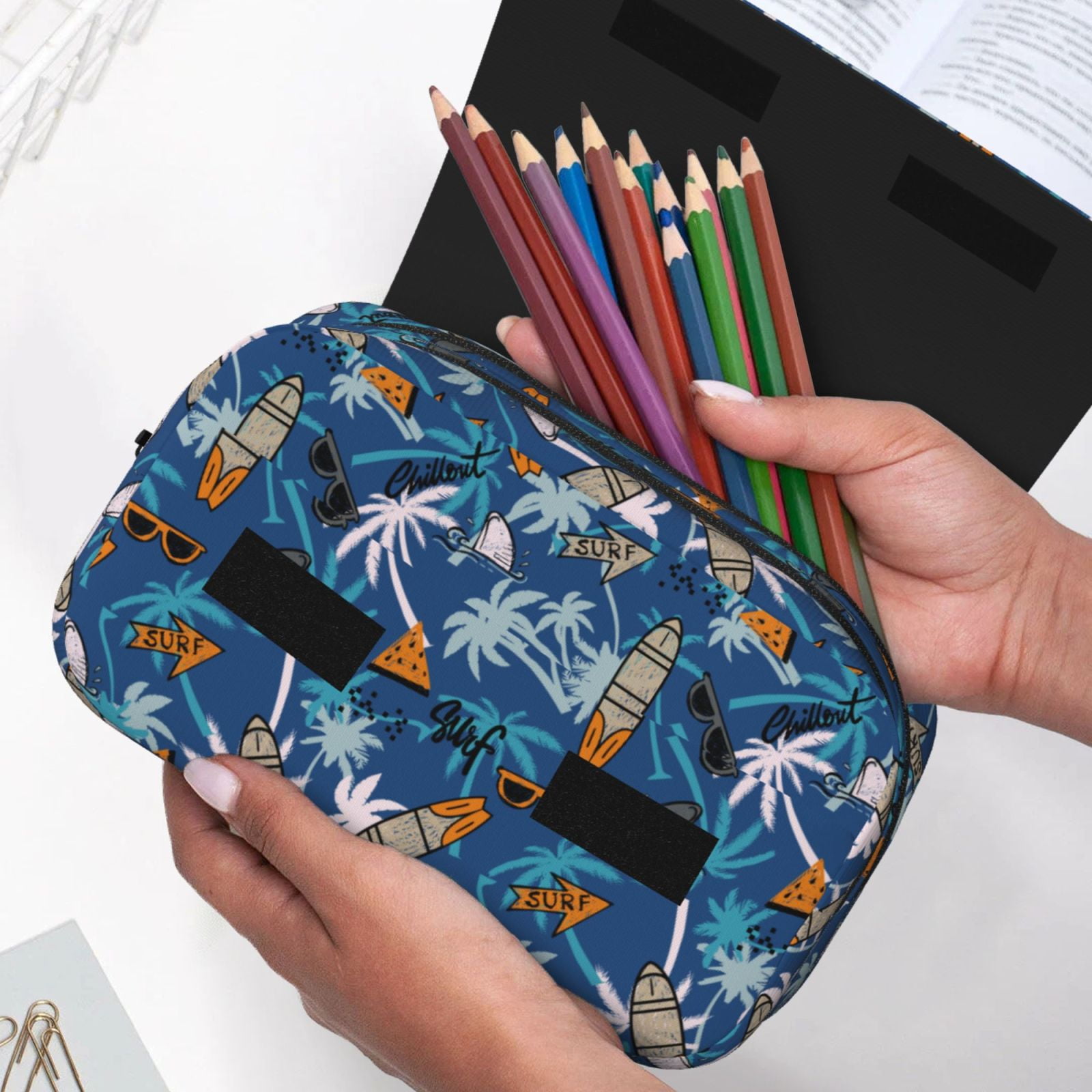 Rateoe Hawaiian Style Pattern Double Clamshell Pen Case, Storage Organizer with Two Zipper Compartments– Holds Up to 50 Pencils & Pens