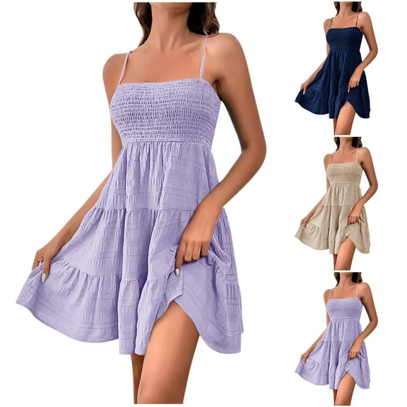 Simua Mini Dresses for Women Summer Spaghetti Straps Sleeveless Solid Color Pleated Beach Cami Dress