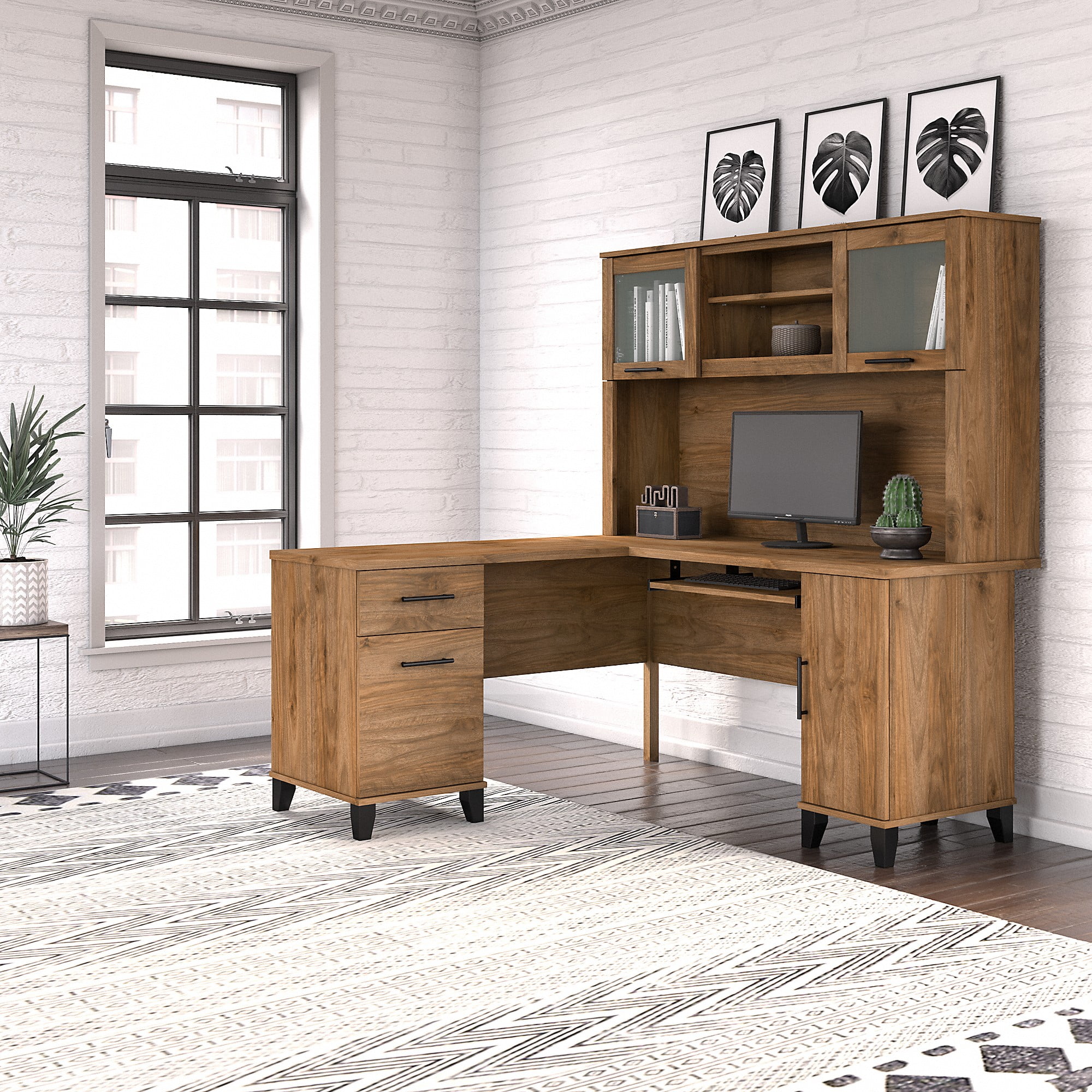 Buy Bush Furniture Somerset 60 in L Desk with Hutch, Keyboard Tray