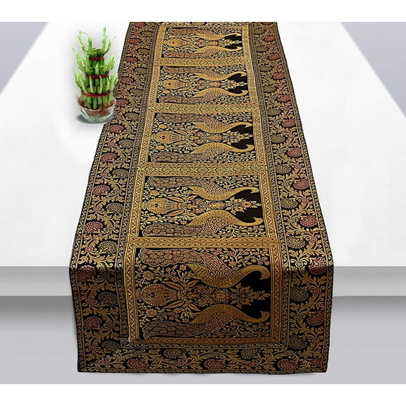 Table Centerpiece Indian Runner Decor Peacock and FlowerBrocade Home Decor Silk Wedding Black & Gold Table Runner 60 x 16 Inches