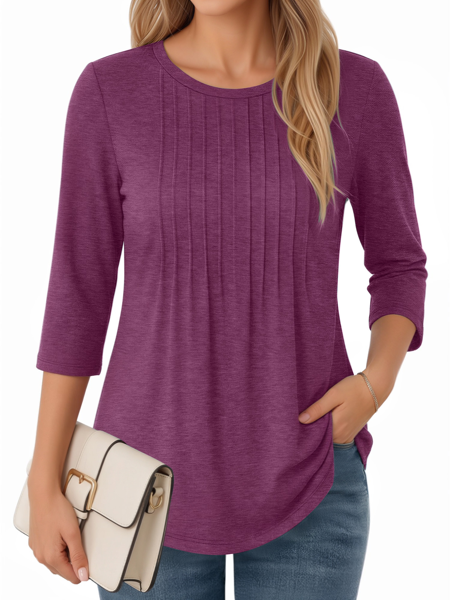 MOYIKO Women's 3/4 Length Sleeve Pleated Tunic Blouse