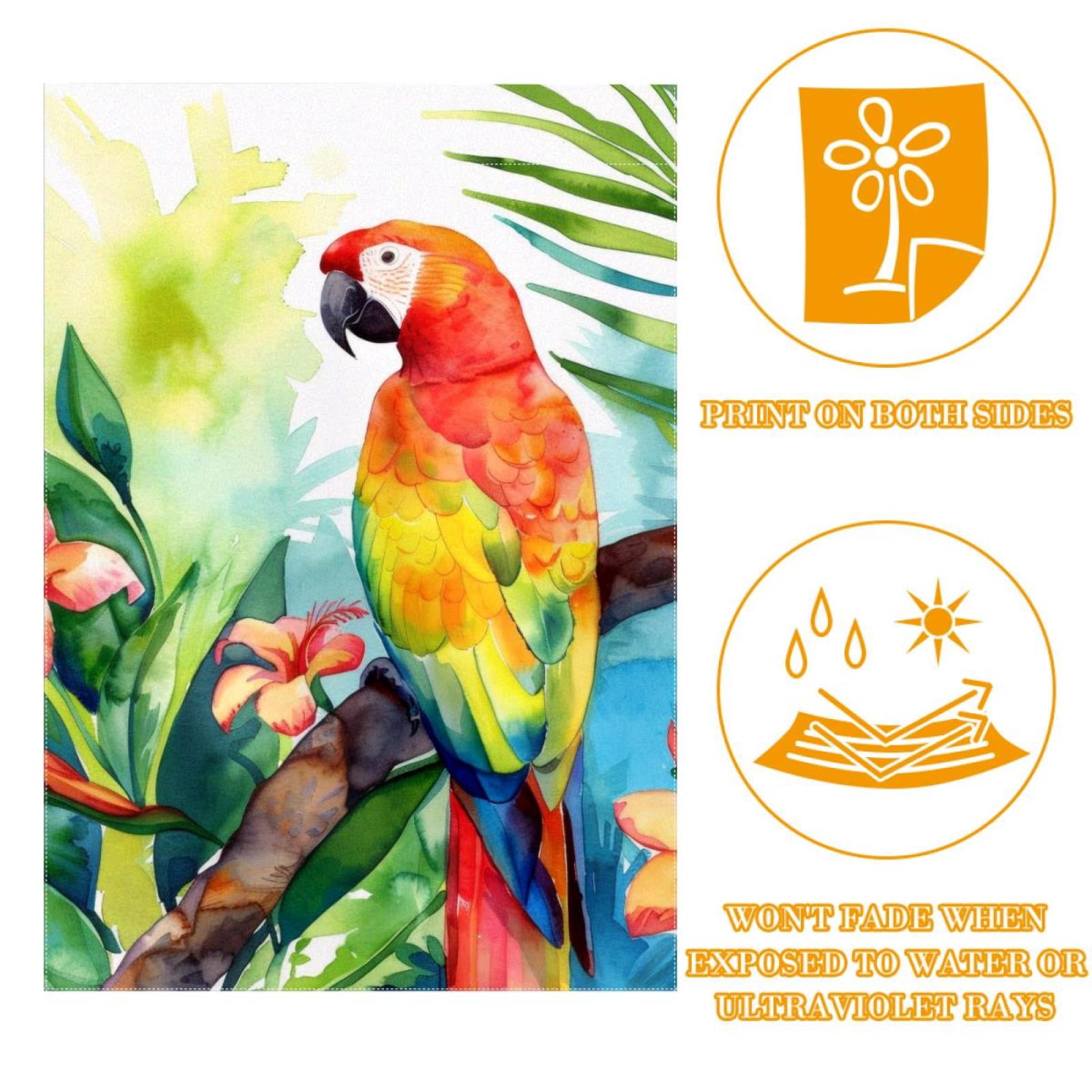 Welcome Watercolor Parrot Tropical Plant Leaf Garden Flag, Vertical Double Sided Small House Flag, Yard Farmhouse Outdoor Deck Veranda Lawn Decor 28x40 Inch
