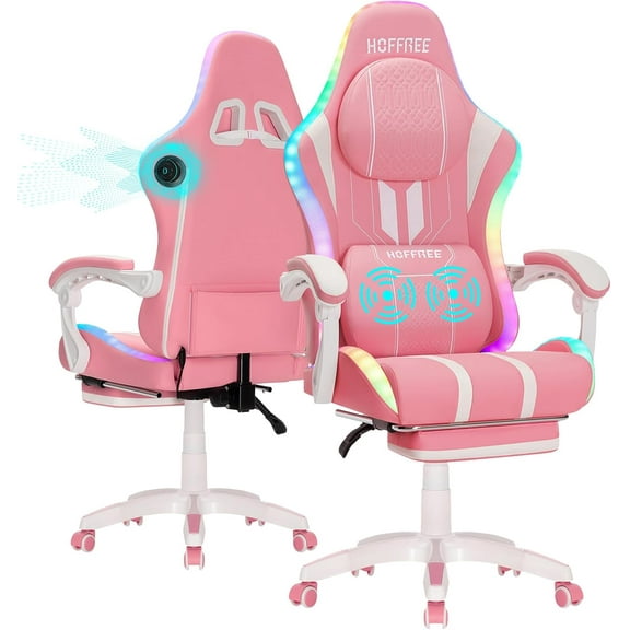 HOFFREE Pink Gaming Chair with Speakers and Massage Led Gaming Chair with Footrest Big and Tall Video Game Chair Reclining High Back Computer Desk Chair for Girls Pink and White