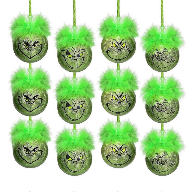 12-Pack Grinch Baubles Christmas Tree Hanging Baubles Balls Ornaments - Green Elf with Fuzzy Hair Decorations