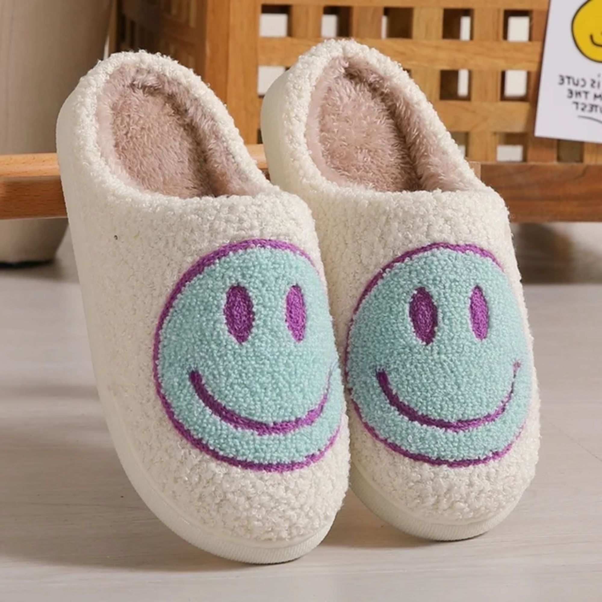 BERANMEY Cute Smile Face Slippers for Women Perfect Soft Plush Comfy Warm Slip-On Happy Face Slippers fo Women Indoor fluffy Smile House Slippers for Women and Men Non-slip Fuzzy Flat Slides - image 3 of 8