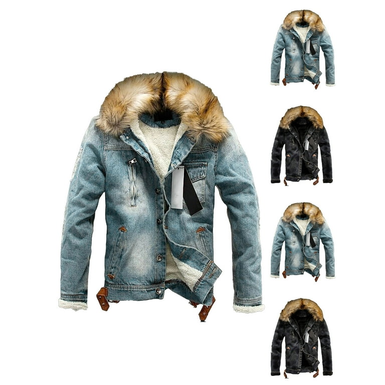 Faux fur hooded button men's denim jacket sale