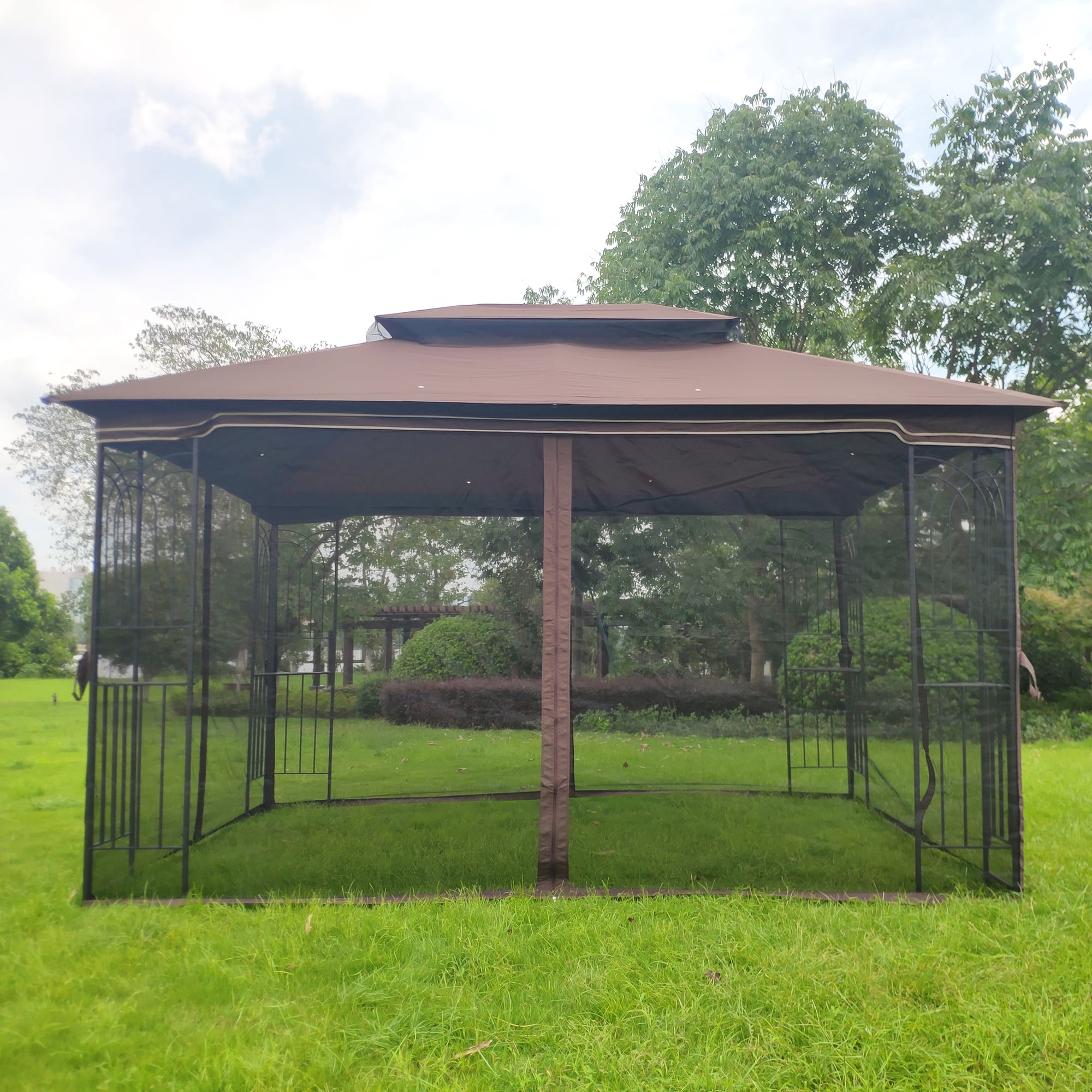 Outdoor Gazebo Tent, 13x10 FT Double Roof Tent with Mosquito Net for Garden Backyard, Brown Top