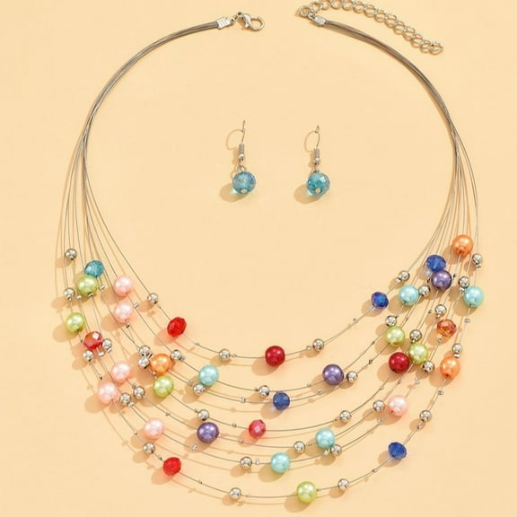 Women Elegant Colorful Faux Pearl Rhinestone Beaded Multilayer Necklace Earrings Set Party Club Jewelry Gifts
