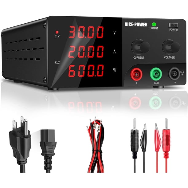 NICE-POWER Fuente de Alimentación Variable DC, 30V 20A 600W Fuente de Alimentación de Laboratorio de Alta Poteia con Interruptor de Salida y Codificador, Fuente de Alimentación Conmutada Ajustable