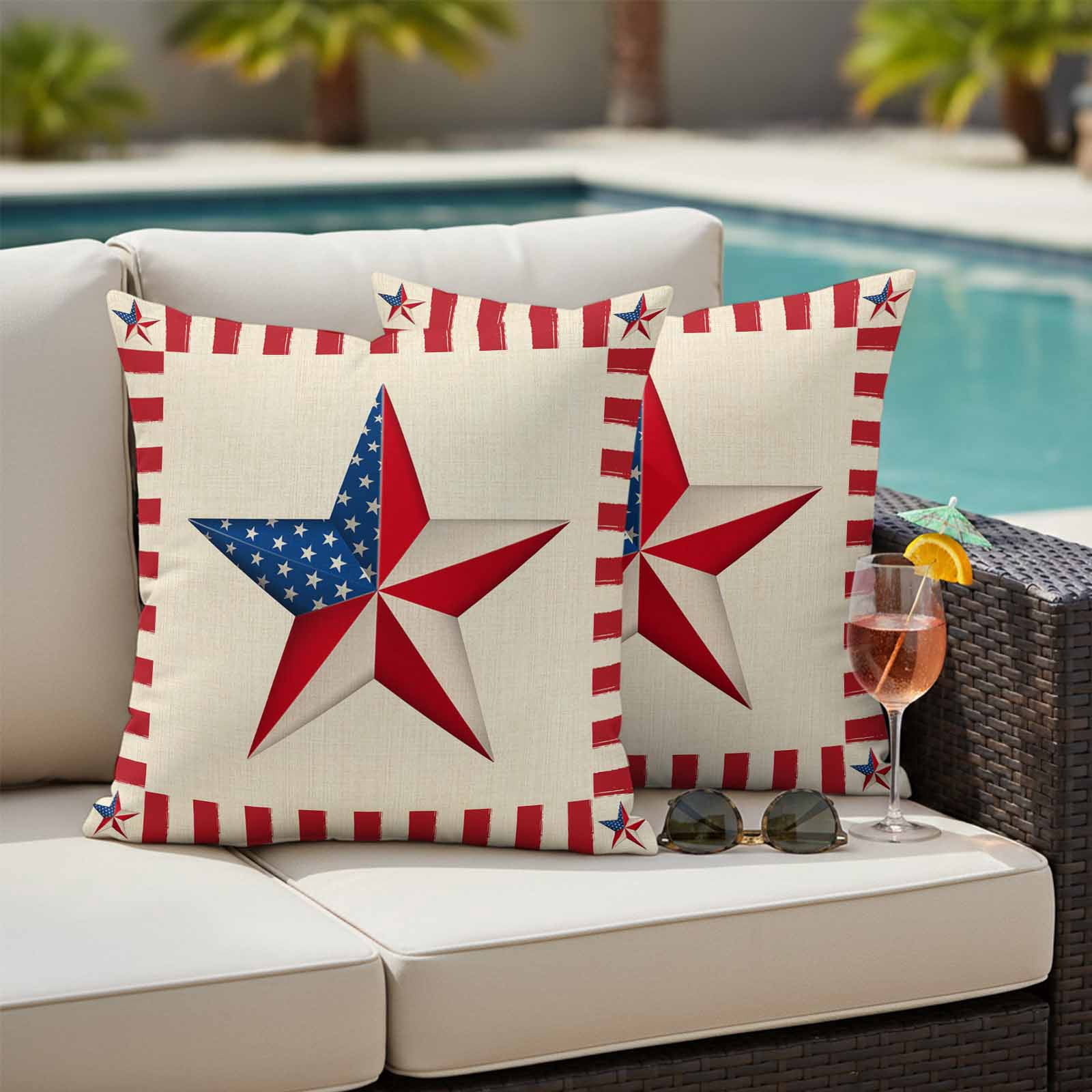 Independence Day Pillow Covers 2 Pack Farmhouse American Flag Pentagram Pillowcase Waterproof Outdoor Throw Pillow Cover for Patio Garden Square Cushion 24”x24”