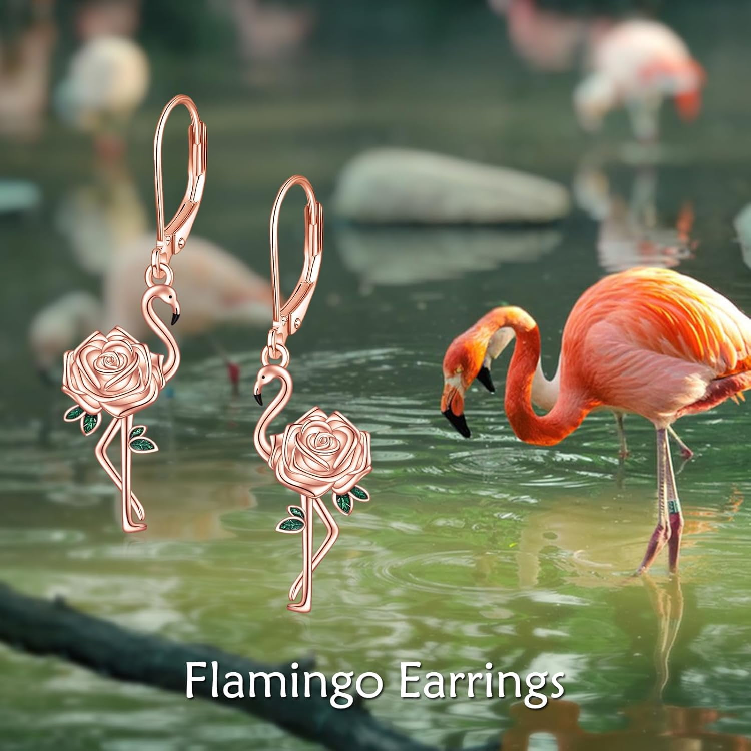 Flamingo Earrings Sterling Silver Flamingo Rose Flower Dangle Dangly Drop Charm Leverback Earrings Bird Jewelry Gifts for Women