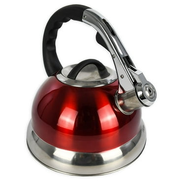 Mainstays 3 Liter Whistling Tea Kettle, Stainless Steel, Red