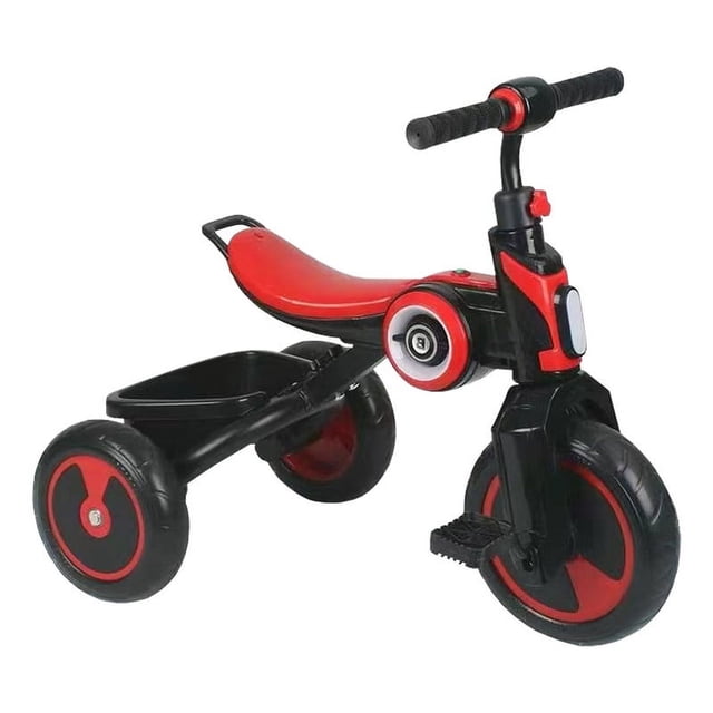 triciclo lee monde rojo/gris rojo con asiento curvo y canastilla trasera, vista 3/4 frontal con manubrio recto y agarraderas negras, ruedas de goma negras con aros rojos, pedales en la rueda delantera y panel lateral con luces y sonido; diseñado para transportar hasta 25 kg según la ficha; suele usarse también para llevar juguetes pequeños en la canastilla.