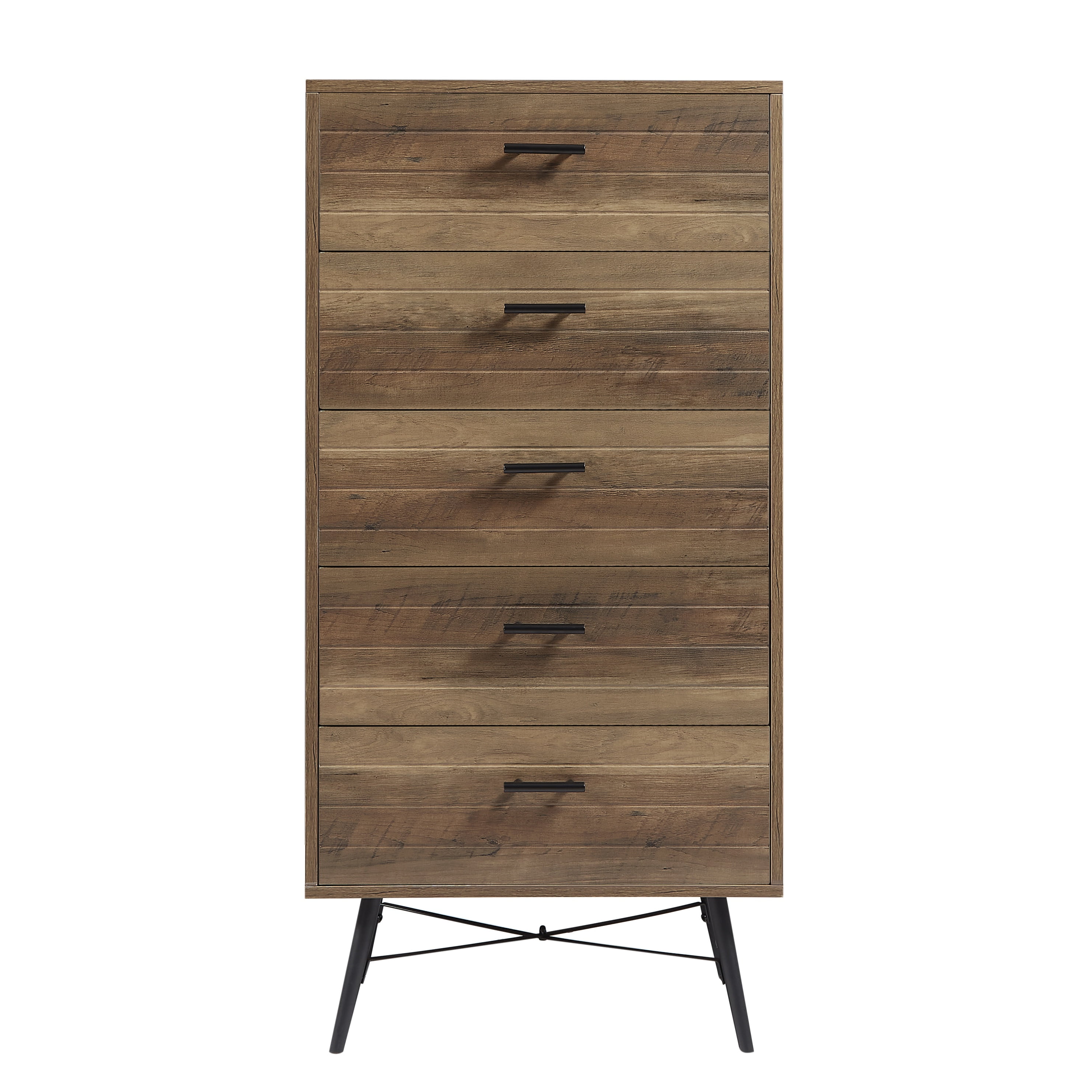 PORKISS 5 Drawer Dresser, Spacious Chest of Drawers, Vertical Dresser, Vintage Dresser Organizer Storage Cabinet for Bedroom, Closet, Hallway, Rustic Walnut