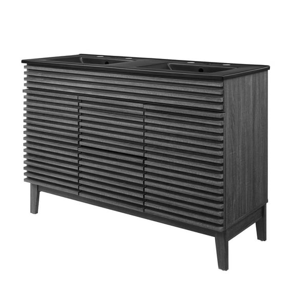 Double Sink Vanity Cabinet, Dark Grey Gray, Wood, Mid Century Hotel Bedroom Bathroom, Modern Contemporary HB33658