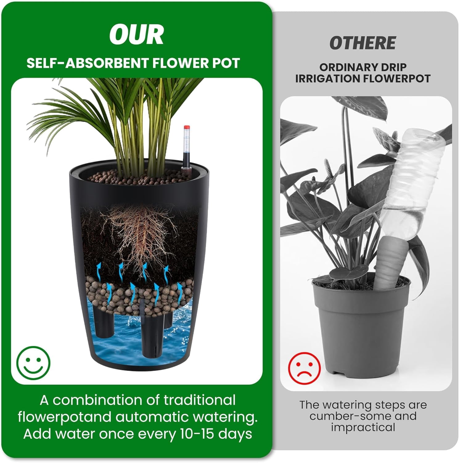 Memoryfield 16" Self-Watering Planter Set of 4 with Drainage & Water Level Indicator, Indoor Outdoor Plant Pots for Patio, Garden, Balcony, Black