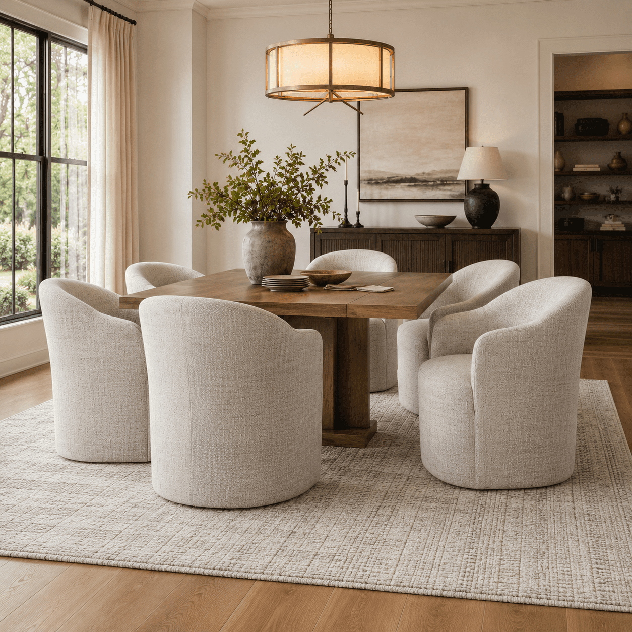 Aenkyo Dining Chair with Casters, Upholstered Barrel Back Rolling Accent Chair, Ginger Brown