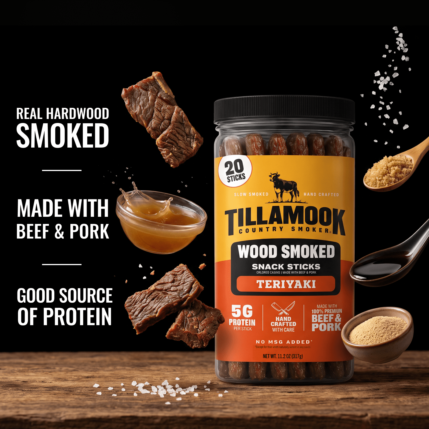 (6 pack) Tillamook Country Smoker Teriyaki Smoked Sausages, 6g Protein per Serving, 11.2 Oz Jar