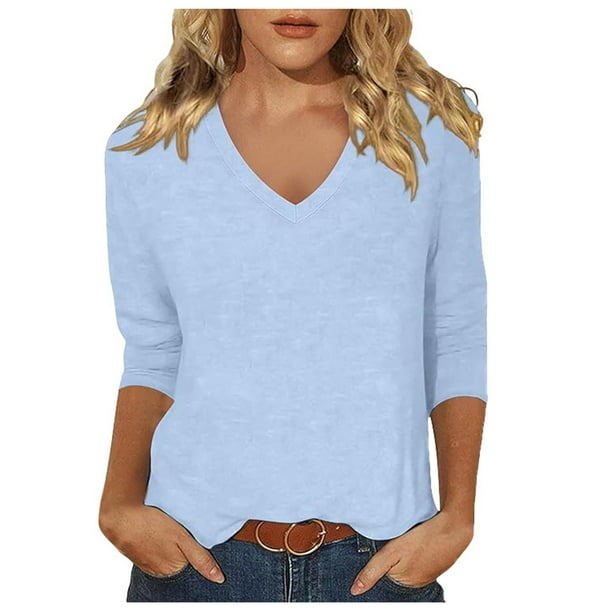 Top de manga tres cuartos con cuello en V para mujer, estilo casual y moderno, para el verano - Material de poliéster, ligero y transpirable - Para el día a día, actividades al aire libre y fiestas