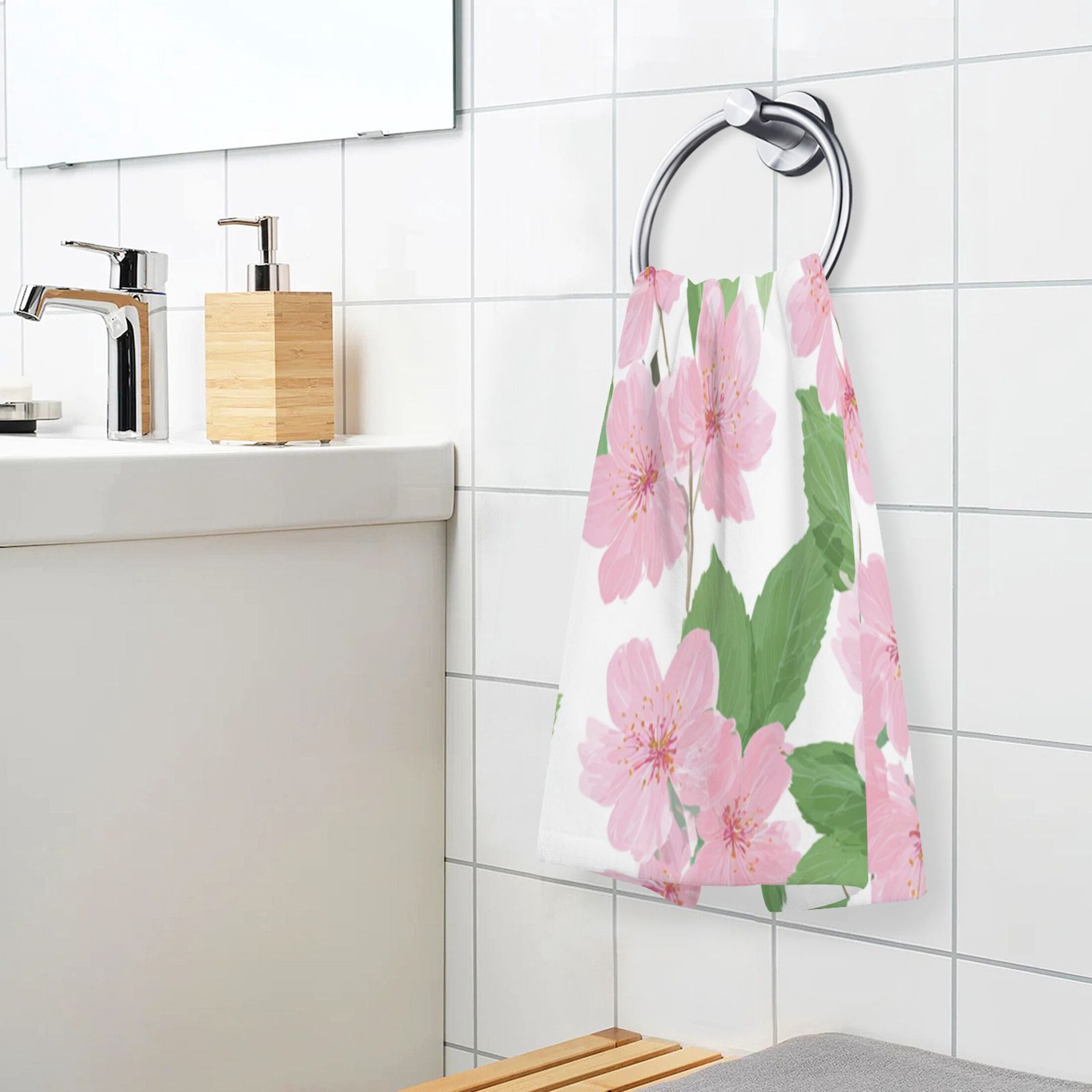 2 Pieces of Cotton Towel Face Towel Set Hand Towel Bath Towel Cotton Bath Towel Sets Pink Cherry Blossom Motif