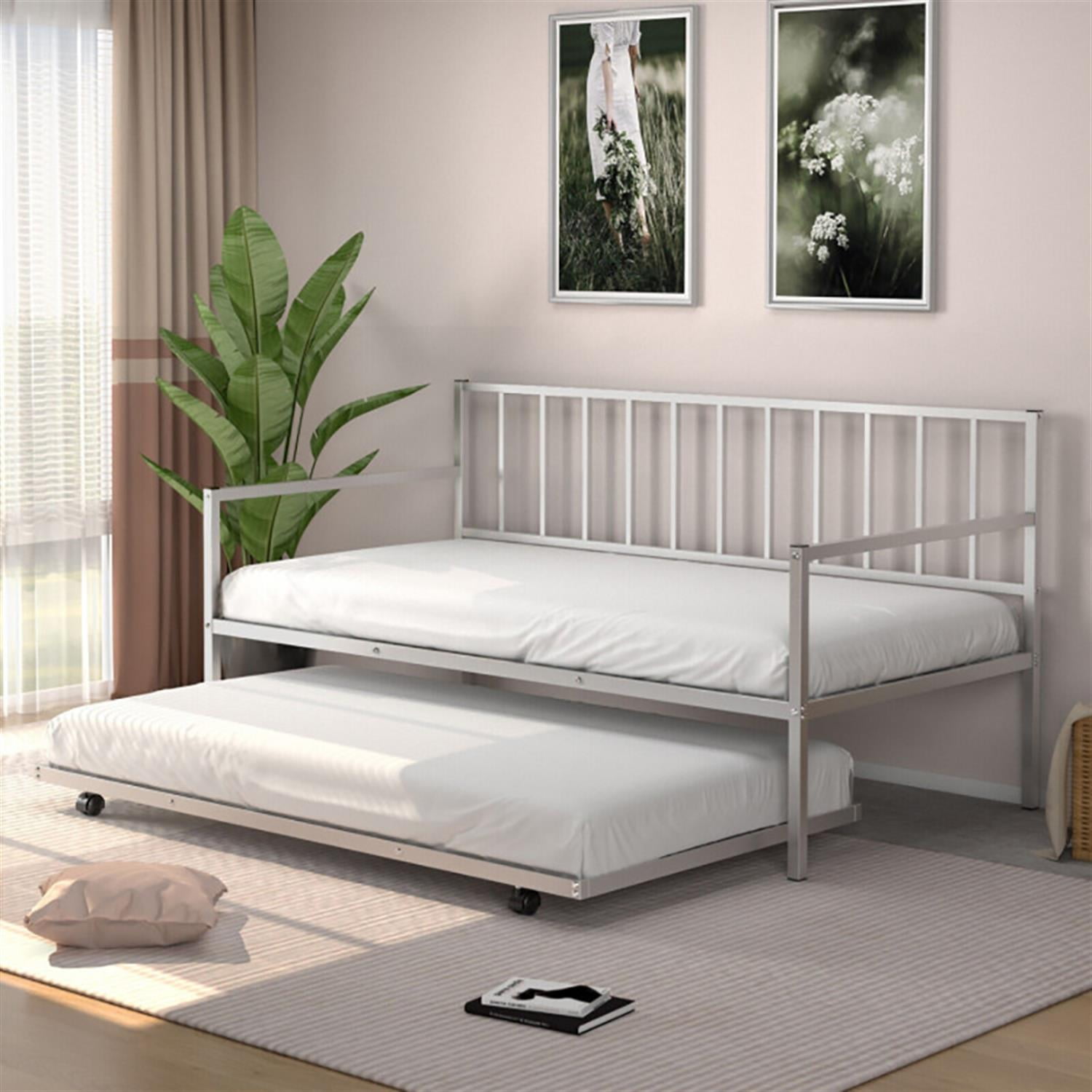 Demi Bonn Twin Size Daybed and Trundle Frame Set Trundle Bedframe, Modern Bed Frame for Teens, Silver