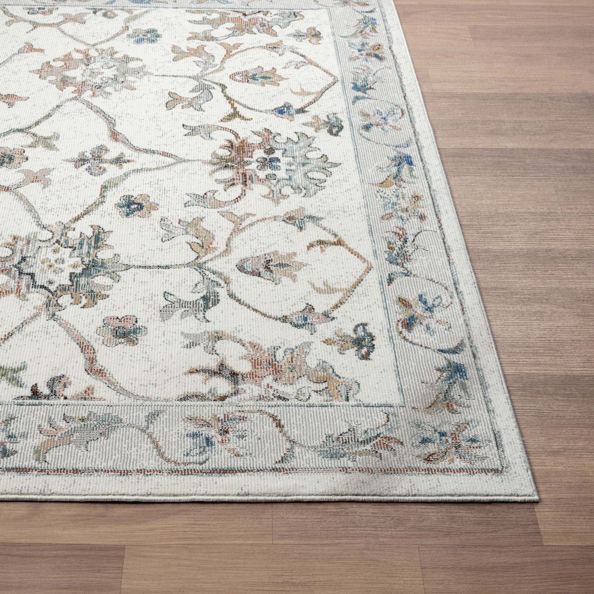 LR Home Ada 2'3" x 8'9" Ivory Bordered Floral Durable Indoor Area Rug