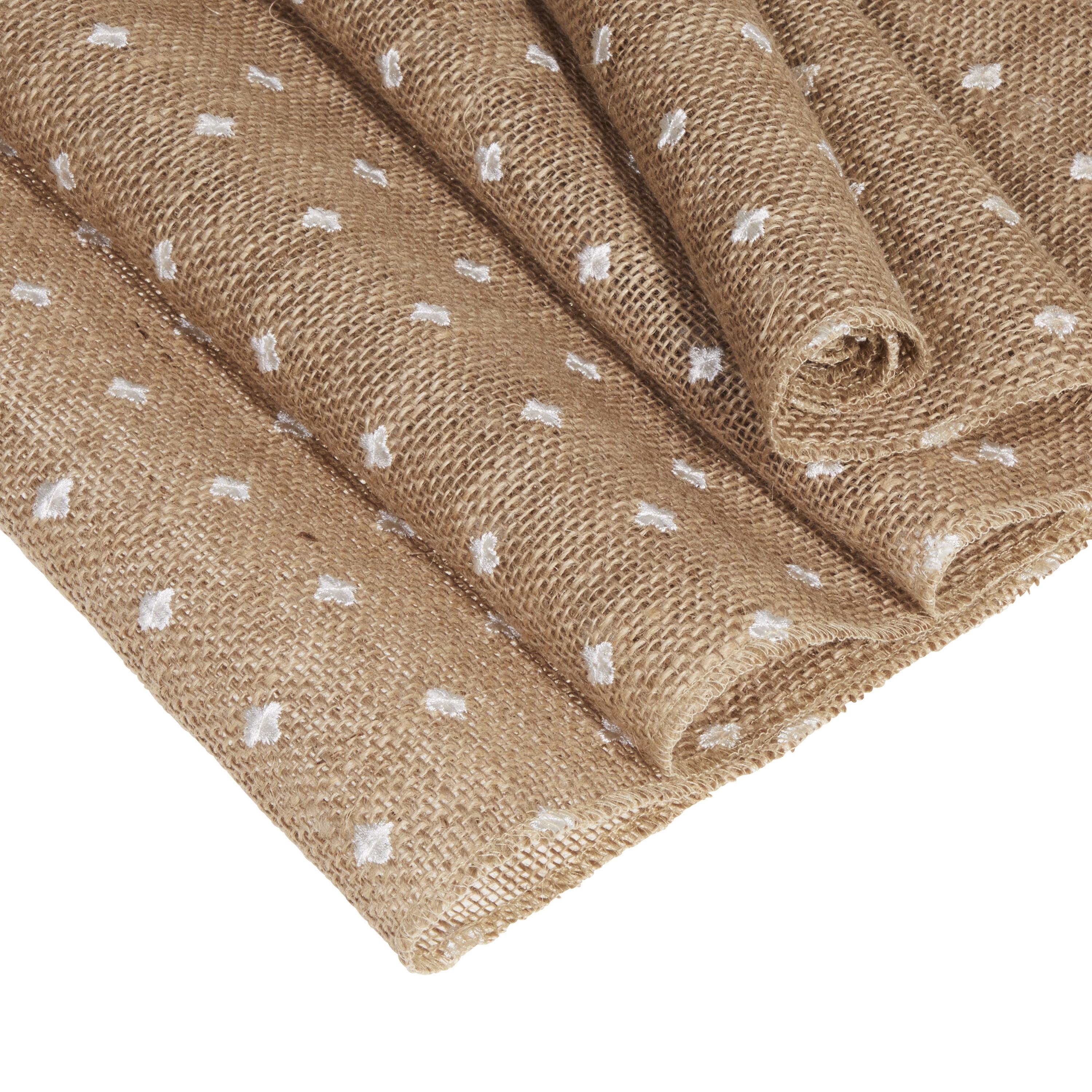 Love, Laugh, Craft Natural Jute Burlap Table Runner Roll, Finished Edges, 12"Wx3-Yds, White Dots
