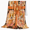 thumbnail image 2 of Dog Portrait Patchwork with Orange Bow Print Soft Flannel Blanket, Botanical Art Style for Floral Art Lovers, Housewarming Gift for Bedroom and Living Room, Home Decor, 2 of 9
