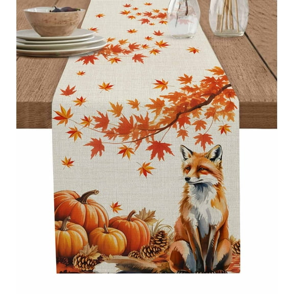 Fall Maple Leaves Burlap Cotton Table Runner 13x90 Inches Long, Thanksgiving Pumpkins Fox Retro Rustic Farmhouse Table Runners, Outdoor Dining Tablecloths Decor for Baby Shower/Party/Wedding